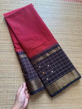 RF246 Reddish maroon with brown combination kanchi cotton saree with Vintage Style Border kattam checks pattern & handwoven Buttas on the border