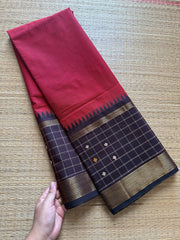 RF246 Reddish maroon with brown combination kanchi cotton saree with Vintage Style Border kattam checks pattern & handwoven Buttas on the border