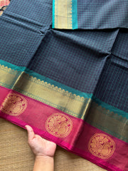 Navy blue shade Kattam / checks pattern Kanchi cotton saree with unique Annam pattern border