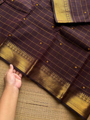RF1036 Monotone Deep Coffee Brown ~ Kanchi Cotton Kattam / Checks pattern saree with handmade thread buttas