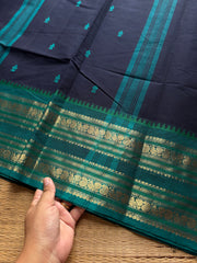 RF797 Navy blue with teal blue combination Kanchi cotton saree with handmade thread buttas