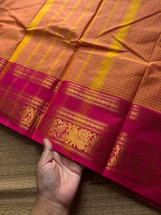 RF787 Kattam Edition ~ Dark mango shade with pink combination vintage checks Kanchi cotton saree with floral pattern border