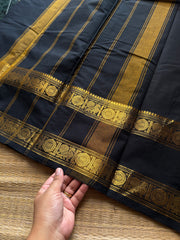 RF717 Monotone black Kanchi cotton saree with Annam pattern gap border