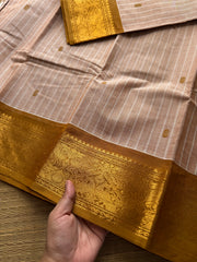 RF432 Premium Kanchi Cotton Saree in Beige and Mustard | Striped Pattern with Handmade Thread Buttas and Vanasingaram Border