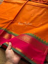 Orange with pink and green combination Kanchi cotton saree with rich Zari woven Pallu and handmade golden Zari Buttas