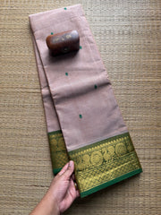 Cream Shade With Green Border Kanchi Cotton Saree With Handmade Thread Buttas