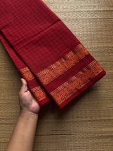 RF983 The Reddish Maroon Kattam Edition: Kanchi Cotton Saree with Minimal Zari & checks pattern