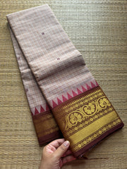 RF234 Beige With contrast light maroon combination Kanchi cotton saree with checks / Kattam pattern & handmade thread buttas