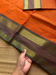 RF1033 Orange with green ~ Vintage Kattam / Checks Kanchi Cotton Saree
