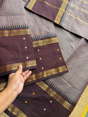 RF212 Grey with brown combination kanchi cotton saree with Vintage Style Border with checks pattern & handwoven Buttas on the border