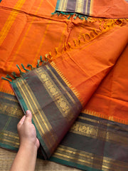 RF341 Orange with green combination Kanchi cotton saree with Annam pattern Rettapet border