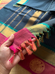 Navy blue shade Kattam / checks pattern Kanchi cotton saree with unique Annam pattern border