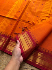 RF381 Orange with contrast maroon combination small border Kanchi cotton saree with handmade thread buttas