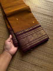 RF1350 Mustard with brown Kanchi cotton saree with handmade thread buttas