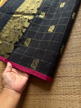 Black Shade Premium Kanchi cotton saree with golden Zari checks pattern & Annam Buttas and intricate Zari woven Pallu