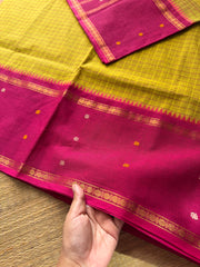 Dual tone green and yellow mixed shade with contrast pink combination Vintage l Border Kanchi Cotton Saree With kattam / checks pattern & handwoven Buttas on the border