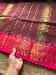 RF280 Maroon Shade Kanchi Cotton Saree With Contrast Pink Annam and Yazhi pattern Zari border