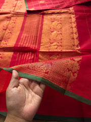 RF354 Red & Green Combination Premium Kanchi cotton saree with golden Zari checks pattern & Annam Buttas and intricate Zari woven Pallu