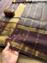 RF212 Grey with brown combination kanchi cotton saree with Vintage Style Border with checks pattern & handwoven Buttas on the border