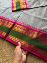 RF699 Grey shade Kanchi cotton saree with contrast double shade Annam pattern border