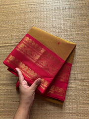 RF370 Dual shade yellow with contrast pink mango and floral pattern border kanchi cotton saree and handmade thread buttas