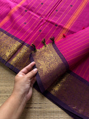 RF757 Vanasingaram Border ~ Magenta pink shade Kanchi cotton saree with handmade thread buttas