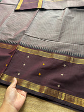 RF212 Grey with brown combination kanchi cotton saree with Vintage Style Border with checks pattern & handwoven Buttas on the border