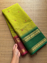 RF290 Dual tone parrot green shade Kanchi cotton saree with Ganga Jamuna Rettapet Border & Handmade thread buttas