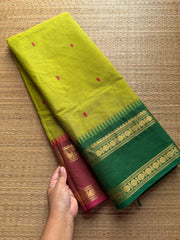 RF290 Dual tone parrot green shade Kanchi cotton saree with Ganga Jamuna Rettapet Border & Handmade thread buttas