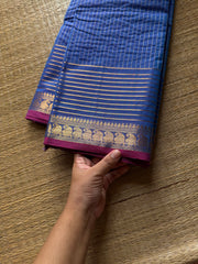 Dual tone royal blue shade Kanchi cotton saree with vaira Oosi pattern & contrast mango Zari border