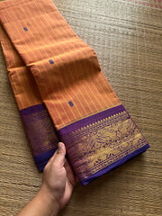 RF359 Dual tone Mango shade with purple combination Kanchi cotton saree with Vanasingaram pattern border & handmade golden Zari Buttas