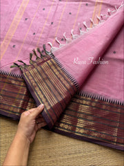RF16 Dual Tone Pink With Contrast Dark Purple Zari Border Kanchi Cotton Saree With Handmade Thread Buttas - RF16