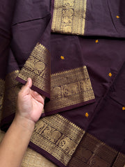 RF1247 Deep coffee brown Kanchi cotton saree with handmade thread buttas ~ Silk Saree Inspired