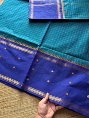 Peacock Blue shade kanchi cotton saree with Vintage Style Border kattam checks pattern & handwoven Buttas on the border