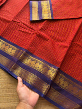 RF423 Rusty Red with deep royal blue combination Lakshadeepam / 1000 Buttas checks / Kattam pattern Kanchi cotton saree