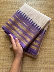 RF289 Half white with pastel purple combination Kanchi cotton saree with stripped pattern