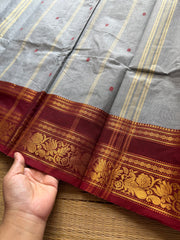 RF565 Grey with contrast maroon combination floral pattern border Kanchi cotton saree with handmade thread buttas