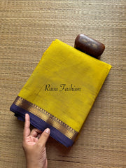 RF82 Lemon yellow with contrast small Zari border Kanchi cotton saree