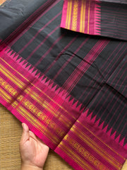 RF467 Black with contrast pink combination Kanchi cotton saree with vertical stripped pattern & mango Zari border
