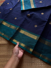 RF1380 Premium 120 count Rich Pallu Kanchi cotton saree with traditional gap border & yazhi pattern buttas ~ Dark Blue