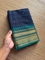 RF215 Deep navy Blue with contrast teal blue combination checks / Kattam Kanchi cotton saree with handmade golden Zari Buttas