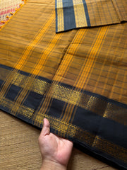 RF529 Mustard with black combination premium Kanchi Kattam / Checks Pattern saree