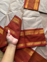 RF509 Beige with rust orange combination Kanchi cotton saree with vintage gap border and fully Vairaoosi pattern