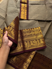 RF927 Grey with brown ~ Premium Kanchi Cotton Saree With golden Zari varia Oosi pattern