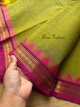 RF113 Green With Contrast Pink Small Zari Border Kanchi Cotton Saree