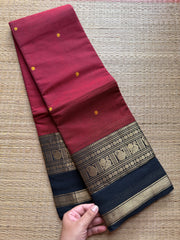 RF193 Reddish Maroon Kanchi Cotton Saree With contrast black border