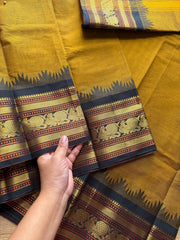 RF493 Mustard with black combination Thazhampoo pattern Kanchi cotton saree