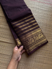RF1414 Monotone deep coffee brown Varisaipet border Kanchi cotton saree