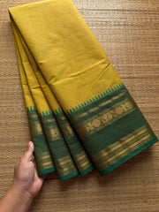 RF531 Light mustard yellow with green combination Kanchi cotton saree
