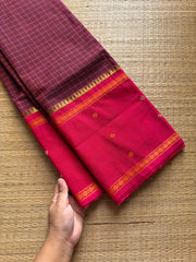 Maroon shade Vintage Border Kanchi Cotton Saree With kattam / checks pattern & handwoven Buttas on the border